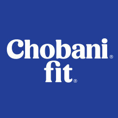 White Chobani fit logo on a blue background
