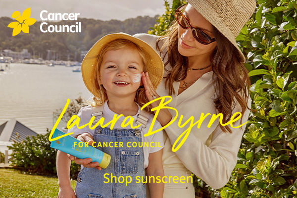 A woman is applying sunscreen to a child. It reads, Laura Byrne for Cancer Council, shop for sunscreen.