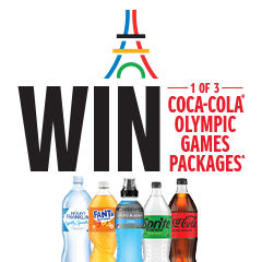 Win one of 3 coca-cola olympic games packages* Row of bottles of various soft drinks.