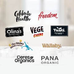 Celebrate health, freedom, Olina's Bakehouse, Vege Chips, Tasti, The Happy Company, Wallaby, Ceres Organics & Pana Organic logos.