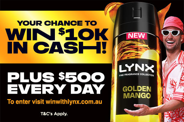 Your chance to in $10k in cash! Plus $500 every day. To enter visit winwithlynx.com.au. Can of Lynx golden mango. Man in background. T&C's Apply.