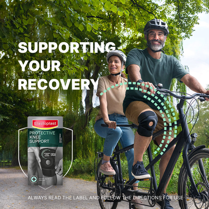 Supporting your recovery. Box of knee support. Man and woman riding bike. Always read the label and follow the directions for use.