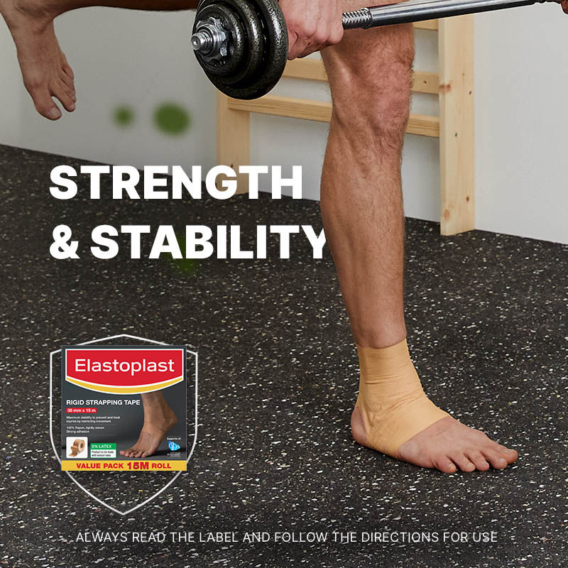 Strength & stability. Person with wrapped ankle doing weights. Box of rigid strapping tape. Always read the label and follow the directions for use.