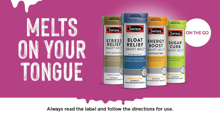 Melts on our tongue. Various bottles of Swisse. On the go. Always read the label and follow the directions for use.