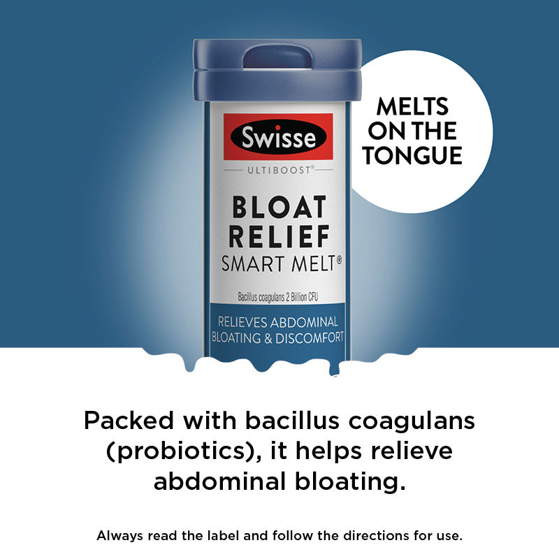 Packed with bacillus coagulans (probiotics), it helps relieve abdominal bloating. Bottle of Swisse bloat relief. Melts on the tongue. Always read the label and follow the directions for use.