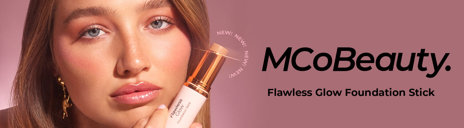 Woman holding flawless glow foundation stick. New! 4x. MCoBeauty. Flawless glow foundation stick.