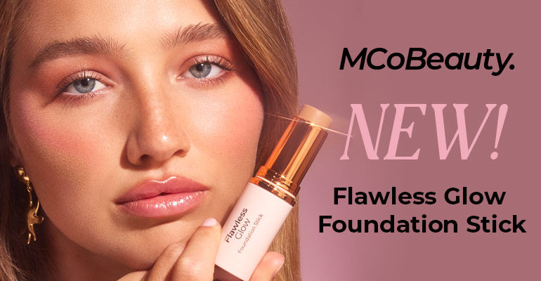 Woman holding flawless glow foundation stick. MCoBeauty.  New! Flawless glow foundation stick.