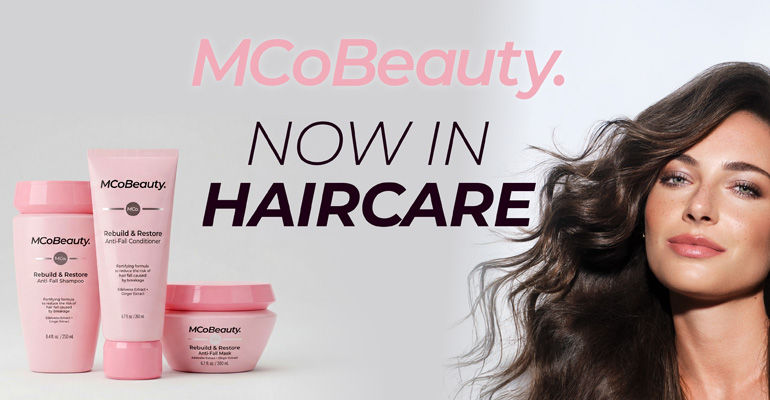 MCoBeauty. Now in haircare. Various haircare products on left, woman on right.