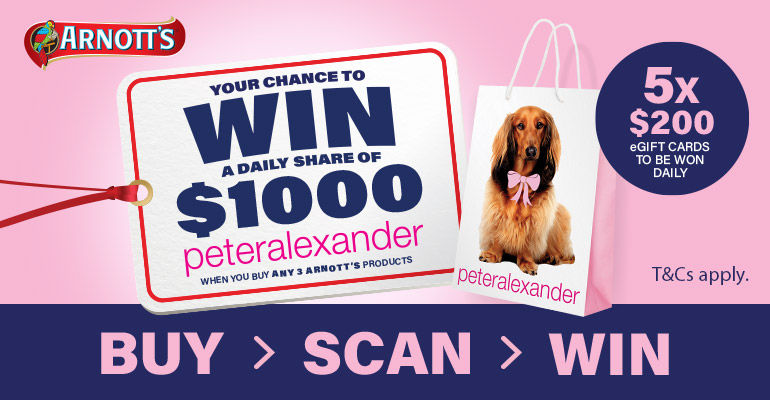 Arnott's logo. Your chance to win a daily share of $1000 peteralexander when you buy any 3 Arnott's products. Peteralexander bag. 5x $200 eGIFT cards to be won daily, Buy > Scan > Win. T&Cs apply. 
