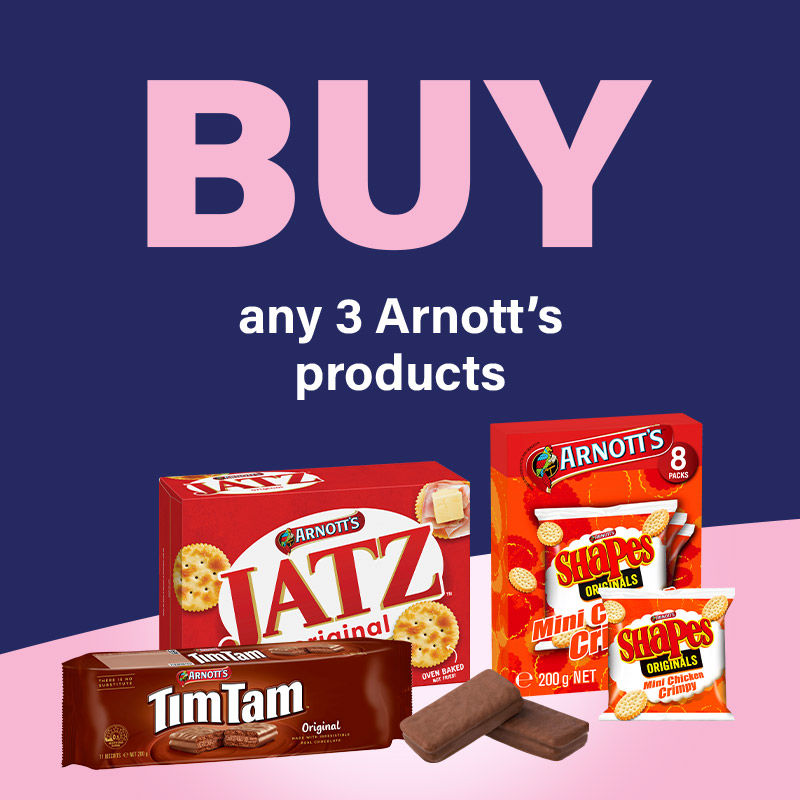 Buy any 3 Arnott's products. Box of Tim Tams, jatz and shapes.