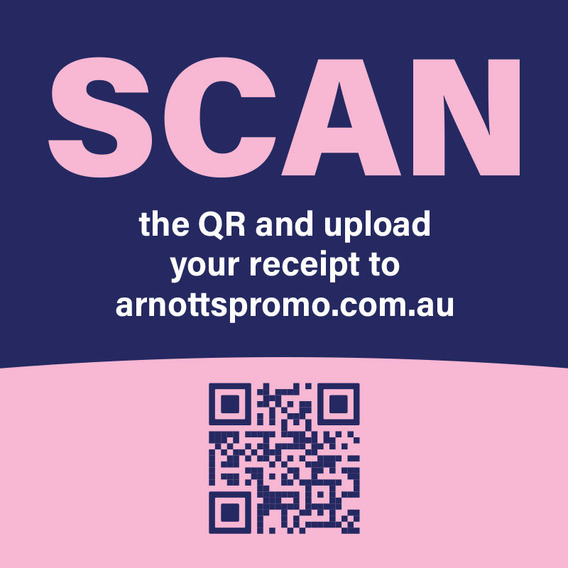 Scan the QR code and upload your recipt to arnottspromo.com.au.