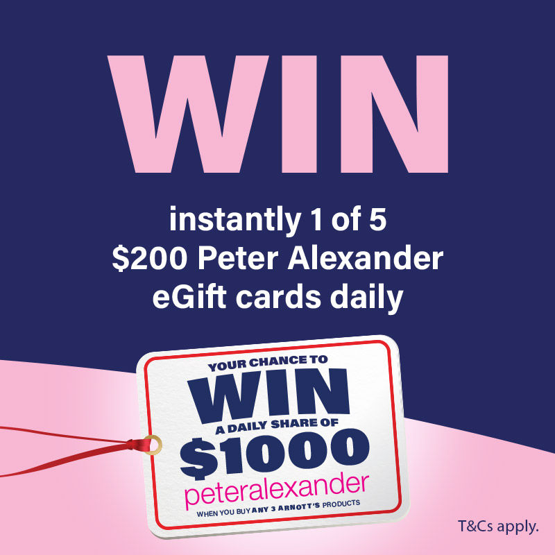 Win instantly 1 of 5 $200 Peter Alexander eGift cards daily. Cardboard tag. Your chance to win a daily share of $1000 peteralexander when you buy 3 Arnott's ptofuvyd..