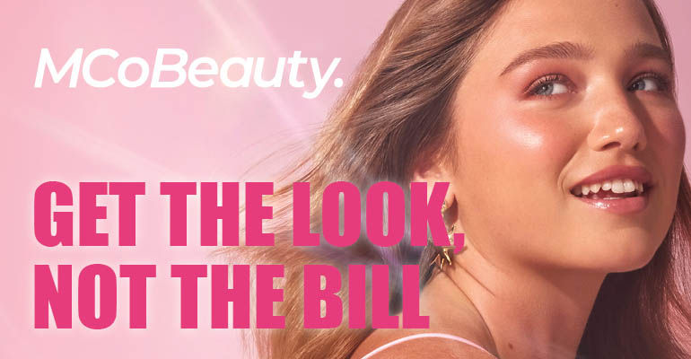 MCoBeauty logo. Get the look, not the bill. Woman looking over her shoulder smiling.