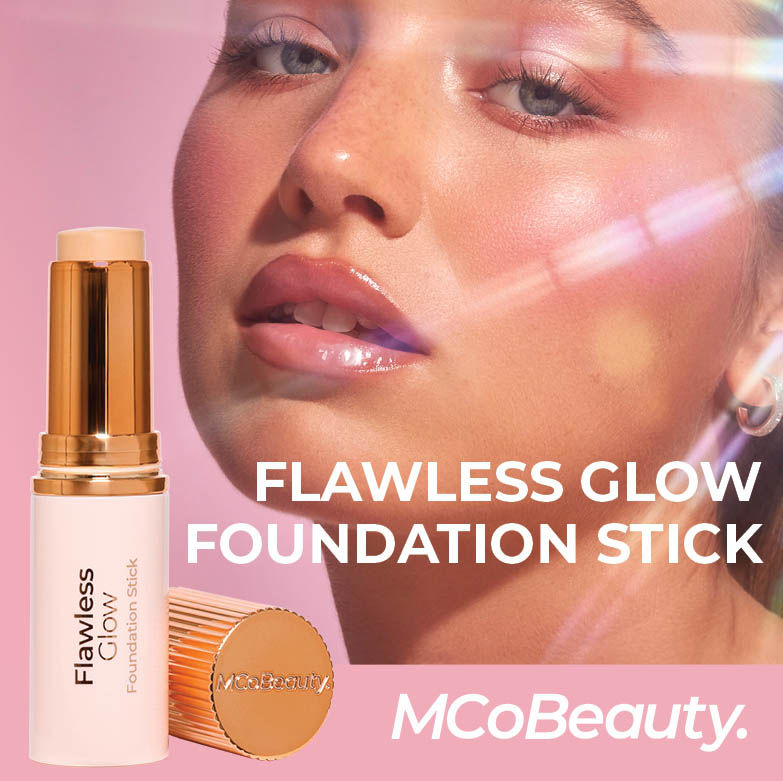 Flawless glow foundation stick. Woman looking over her shoulder. MCoBeauty logo.