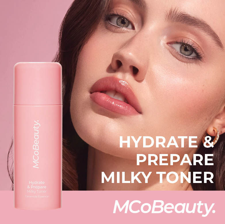 Hydrate & prepare milky toner. Woman looking over her shoulder. MCoBeauty logo.