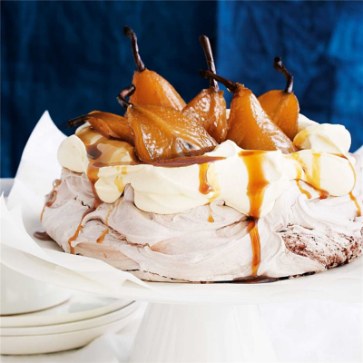 Choc Pavlova With Poached Pears & Caramel Sauce Recipe | Woolworths