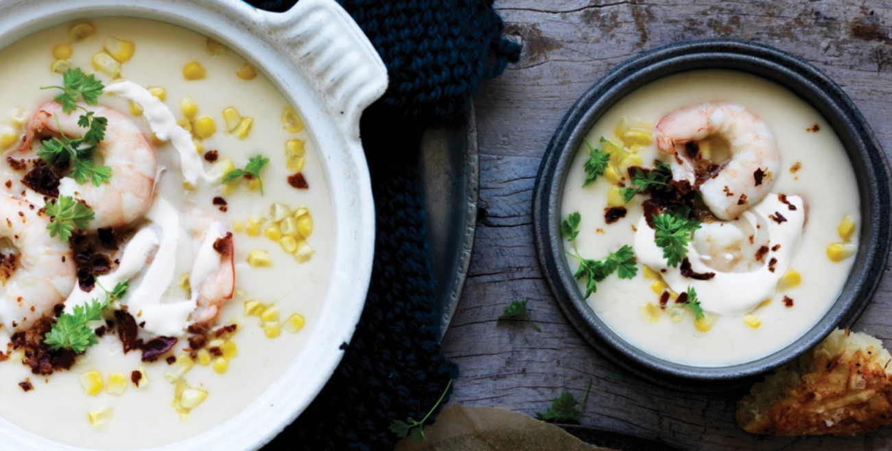Australian Prawn & Sweet Corn Chowder with Cheddar Scones Recipe