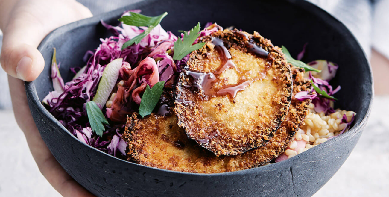 Eggplant Katsu With Shaved Pear Slaw Recipe Woolworths