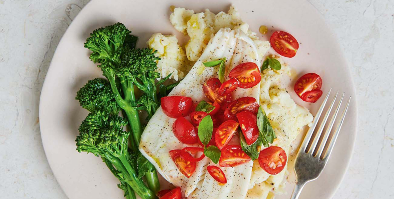 Jamie's Steamed Barramundi & Broccolini With Parmesan Mash And Tomato