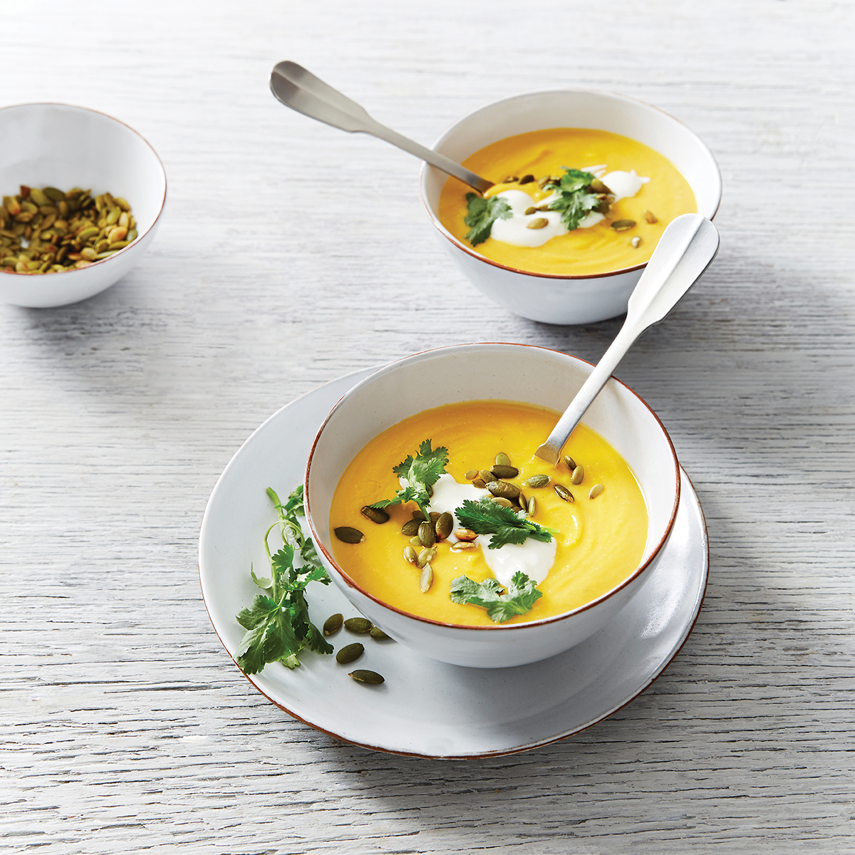 Butternut Pumpkin & Cashew Soup with Yoghurt, Coriander & Pepitas